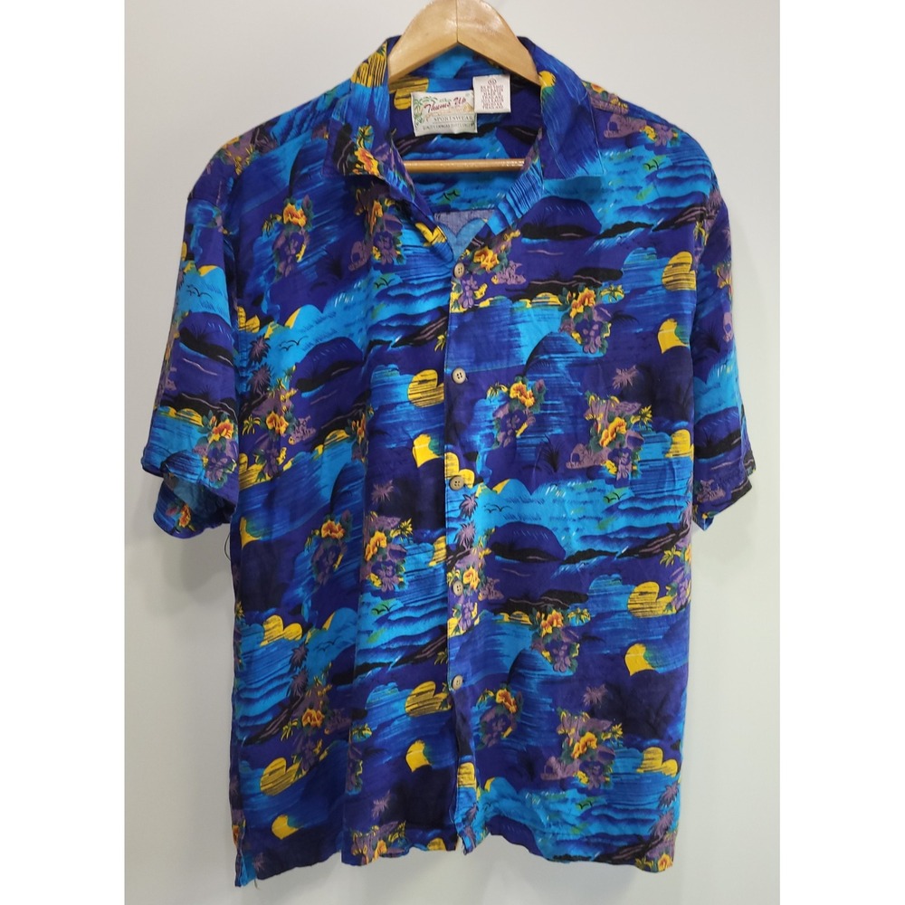 Thumbs Up Hawaiian Shirt Mens XL Blue Rayon Tropical Beach Print Vacation